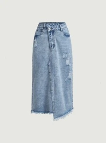 SHEIN MOD Váy denim nữ Bất đối xứng Nút Túi Hem thô Bị tách Dây kéo màu trơn - Rửa nhẹ - Xem 1