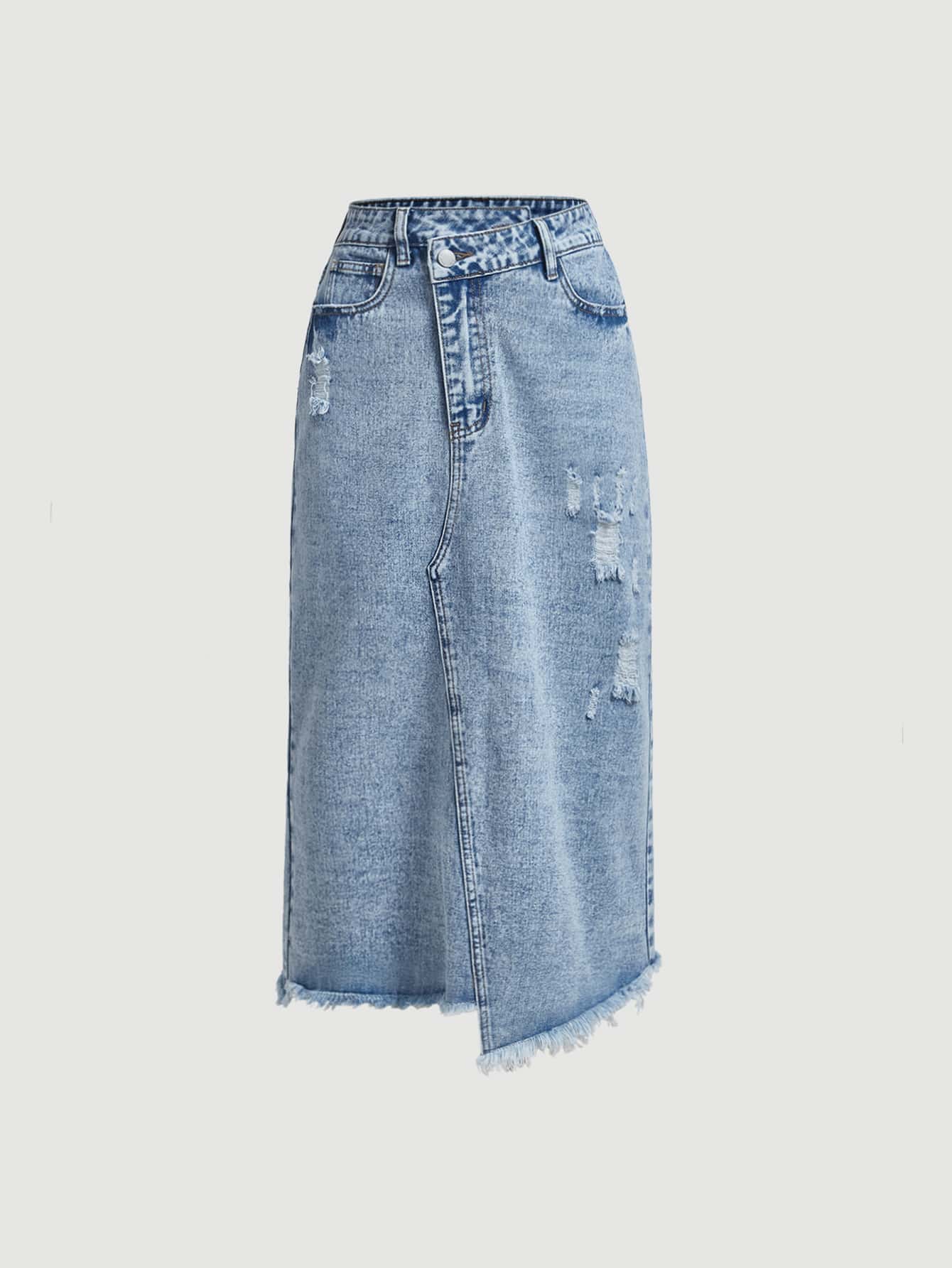 SHEIN MOD Váy denim nữ Bất đối xứng Nút Túi Hem thô Bị tách Dây kéo màu trơn - Rửa nhẹ - Xem 1