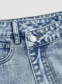 SHEIN MOD Váy denim nữ Bất đối xứng Nút Túi Hem thô Bị tách Dây kéo màu trơn - Rửa nhẹ - Xem 4