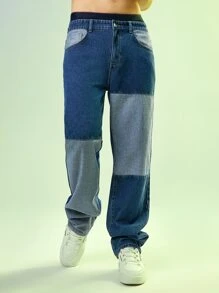 Manfinity Men Color Block Straight Leg Jeans - Medium Wash - View 1