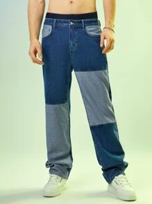 Manfinity Men Color Block Straight Leg Jeans - Medium Wash - View 4