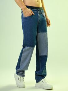 Manfinity Men Color Block Straight Leg Jeans - Medium Wash - View 5