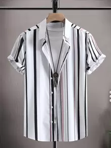 Manfinity Homme 男士直條紋襯衫，不帶背心，修身短袖圖案直條紋鈕扣襯衫 - 白色 - 查看 3