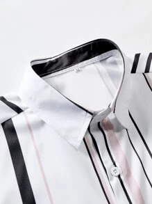 Manfinity Homme 男士直條紋襯衫，不帶背心，修身短袖圖案直條紋鈕扣襯衫 - 白色 - 查看 5