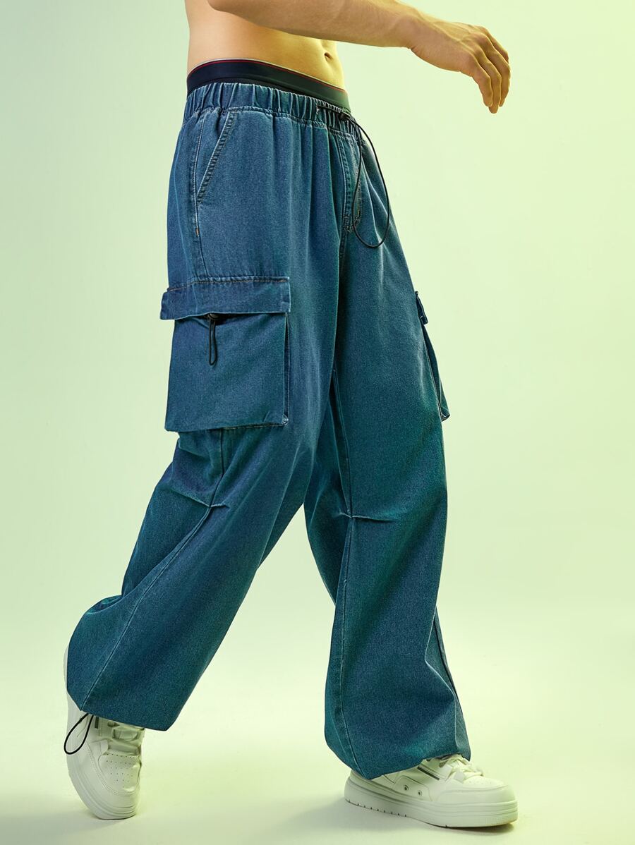 Manfinity RebelGame Men Cotton Flap Pocket Cargo Jeans - Medium Wash - View 1