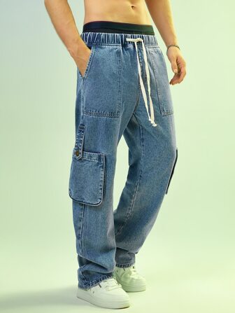 Manfinity RebelGame 男士棉翻蓋口袋腰部抽繩工裝牛仔褲