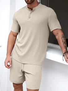 Manfinity Homme Hombres unicolor con botón Camisa & Shorts - Caqui - Ver 1