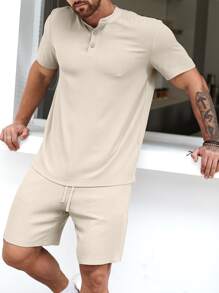 Manfinity Homme Hombres unicolor con botón Camisa & Shorts - Caqui - Ver 3