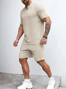 Manfinity Homme Hombres unicolor con botón Camisa & Shorts - Caqui - Ver 4