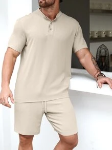 Manfinity Homme Hombres unicolor con botón Camisa & Shorts - Caqui - Ver 5