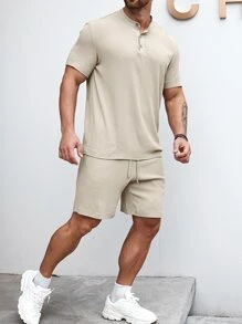 Manfinity Homme Hombres unicolor con botón Camisa & Shorts - Caqui - Ver 7