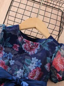 SHEIN 夏季年輕女孩深藍色全印花連衣裙,圓領泡袖設計