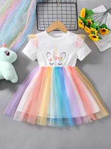 SHEIN Váy chữ A dạng lưới in hình kỳ lân cho cô gái trẻ với tay áo thông thường và đường viền cổ tròn cho mùa hè - Nhiều màu - Xem 1