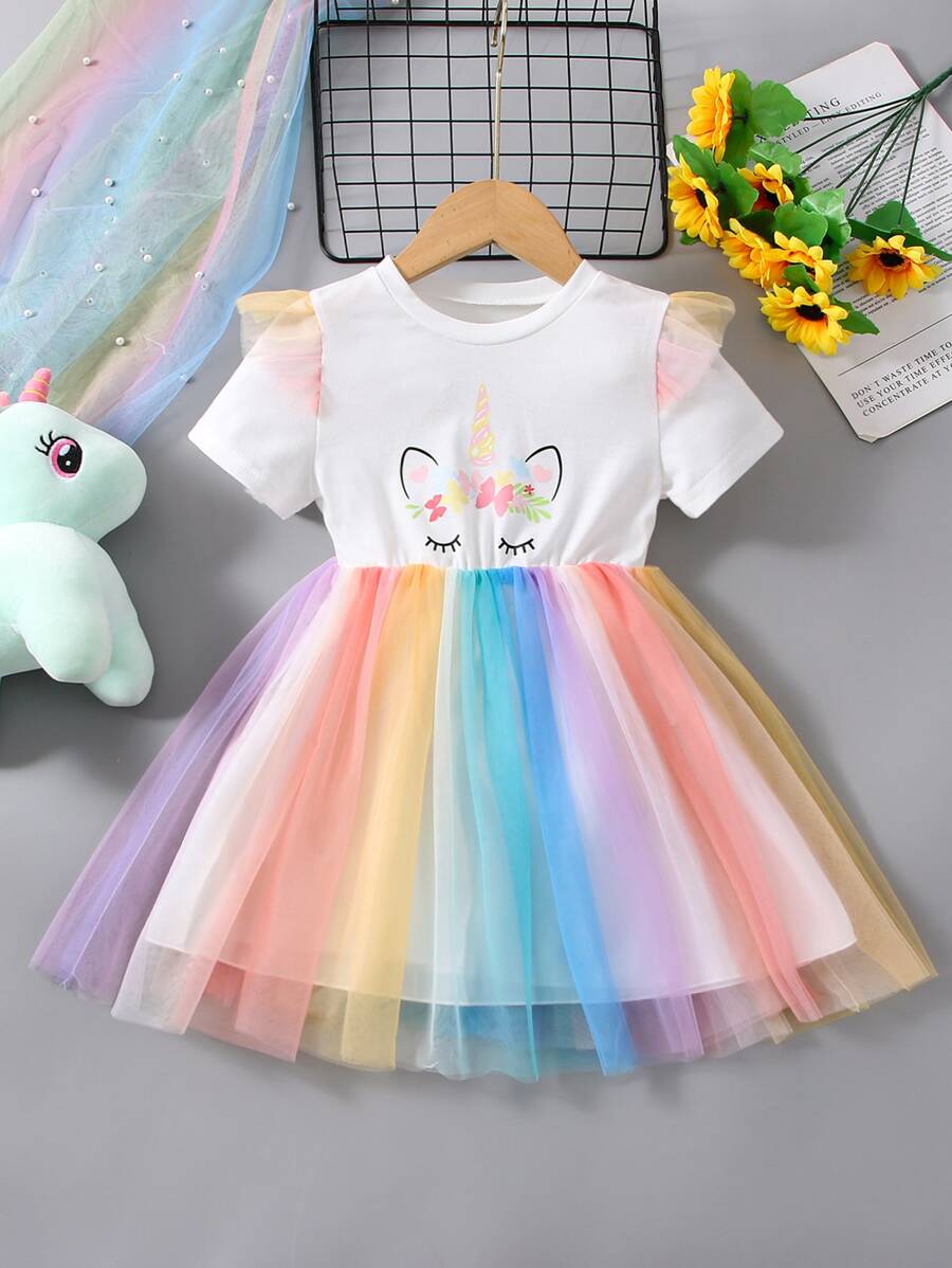 SHEIN Váy chữ A dạng lưới in hình kỳ lân cho cô gái trẻ với tay áo thông thường và đường viền cổ tròn cho mùa hè - Nhiều màu - Xem 1