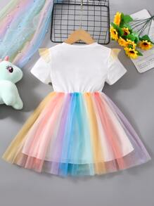 SHEIN Váy chữ A dạng lưới in hình kỳ lân cho cô gái trẻ với tay áo thông thường và đường viền cổ tròn cho mùa hè - Nhiều màu - Xem 2