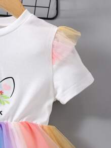 SHEIN Váy chữ A dạng lưới in hình kỳ lân cho cô gái trẻ với tay áo thông thường và đường viền cổ tròn cho mùa hè - Nhiều màu - Xem 3