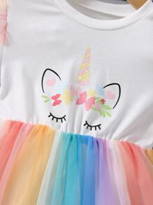 SHEIN Váy chữ A dạng lưới in hình kỳ lân cho cô gái trẻ với tay áo thông thường và đường viền cổ tròn cho mùa hè - Nhiều màu - Xem 4