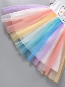 SHEIN Váy chữ A dạng lưới in hình kỳ lân cho cô gái trẻ với tay áo thông thường và đường viền cổ tròn cho mùa hè - Nhiều màu - Xem 5