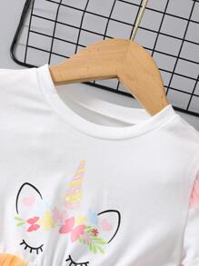 SHEIN Váy chữ A dạng lưới in hình kỳ lân cho cô gái trẻ với tay áo thông thường và đường viền cổ tròn cho mùa hè - Nhiều màu - Xem 6