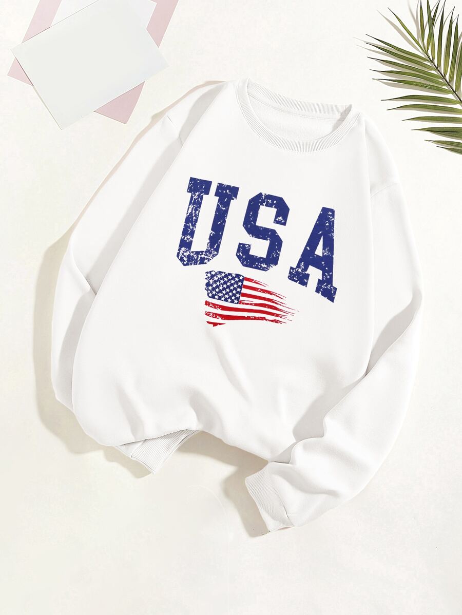 SHEIN EZwear 美國國旗和字母圖案加絨內裏運動衫