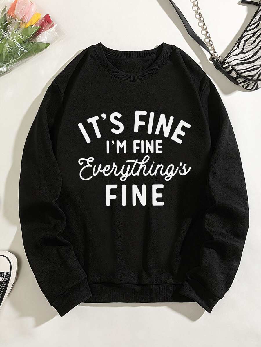 SHEIN EZwear Slogan Graphic Thermal Lined Sweatshirt - Black - View 1