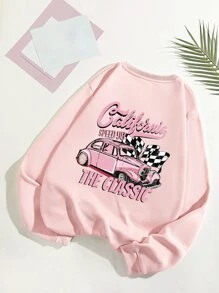 SHEIN EZwear Car And Letter Graphic Thermal Lined Sweatshirt - Baby Pink - View 1