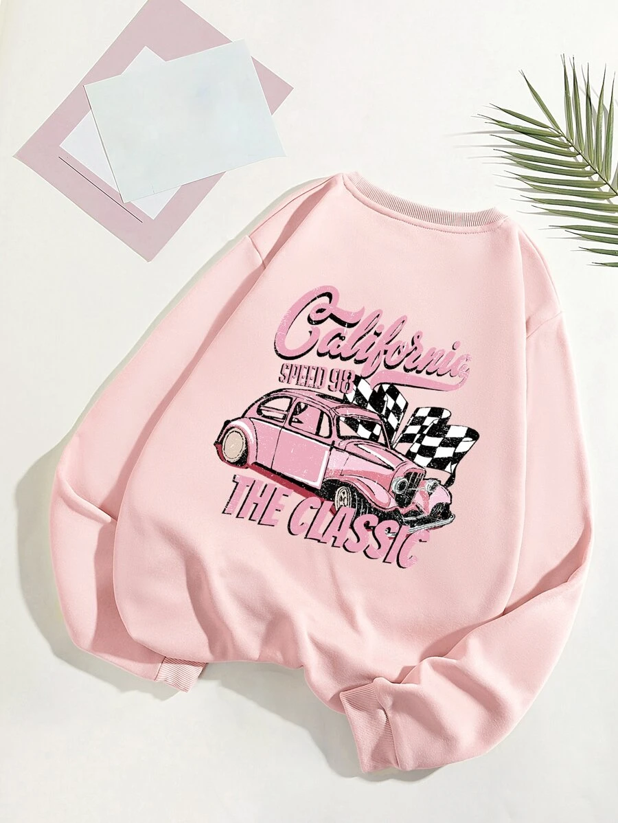 SHEIN EZwear Car And Letter Graphic Thermal Lined Sweatshirt - Baby Pink - View 1
