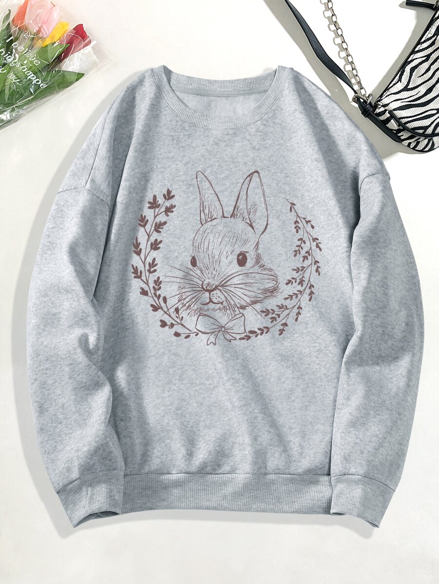 SHEIN EZwear Rabbit Print Thermal Lined Sweatshirt - Light Grey - View 1
