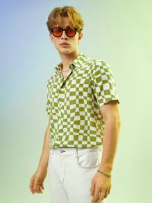 Manfinity RebelGame Camisa De Hombre Con Estampado De Cuadros - Verde Oliva - Ver 4