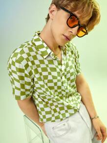 Manfinity RebelGame Camisa De Hombre Con Estampado De Cuadros - Verde Oliva - Ver 6