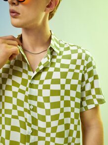 Manfinity RebelGame Camisa De Hombre Con Estampado De Cuadros - Verde Oliva - Ver 7