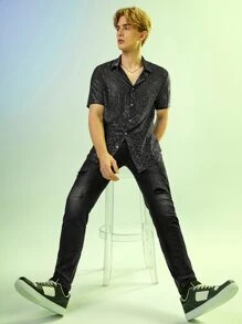 GENTILAND 男士雜色針織前紐扣襯衫 - 黑色 - 查看 5