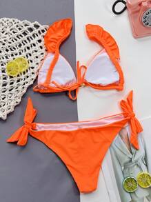 SHEIN Swim Summer Beach Ruffle Trim Triangle Tie Side Bikini Set - Orange - View 2