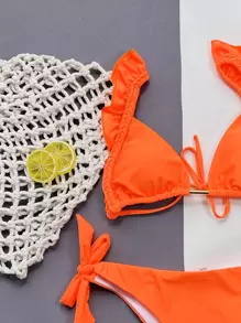 SHEIN Swim Summer Beach Ruffle Trim Triangle Tie Side Bikini Set - Orange - View 3