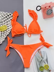 SHEIN Swim Summer Beach Ruffle Trim Triangle Tie Side Bikini Set - Orange - View 4