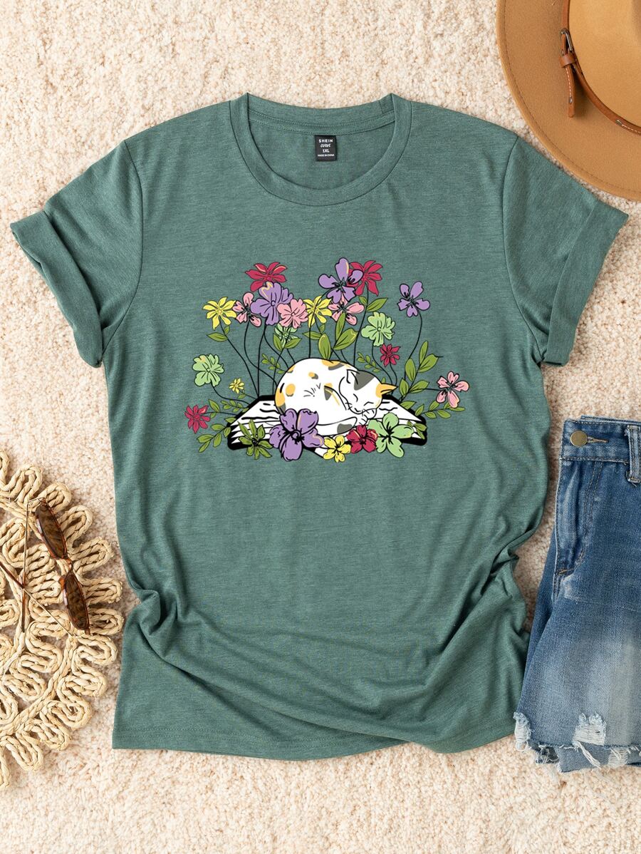 SHEIN LUNE Plus Floral & Cat Print Tee - Green - View 1