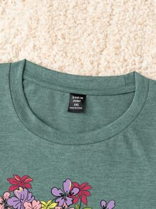SHEIN LUNE Plus Floral & Cat Print Tee - Green - View 4