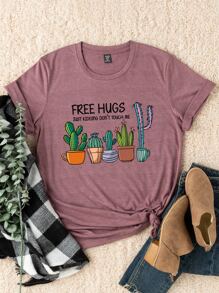 SHEIN LUNE 大碼仙人掌和標語圖案T恤 - 紅木色 - 查看 1