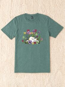 SHEIN LUNE Plus Floral & Cat Print Tee - Green - View 5