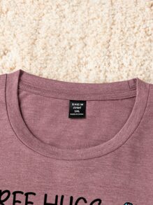 SHEIN LUNE 大碼仙人掌和標語圖案T恤 - 紅木色 - 查看 4