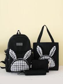 4pcs Gingham Pattern Rabbit Ear Decor Functional Backpack Set School Bag Set For Graduate, Teen Girls, Freshman, Sophomore, Junior & Senior In College, University & High School, Perfect For Outdoors ,Travel & Back To School - Black and White - View 1