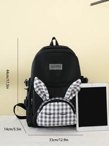 4pcs Gingham Pattern Rabbit Ear Decor Functional Backpack Set School Bag Set For Graduate, Teen Girls, Freshman, Sophomore, Junior & Senior In College, University & High School, Perfect For Outdoors ,Travel & Back To School - Black and White - View 4