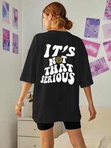 INAWLY Slogan Graphic Drop Shoulder Tee - Black - View 1