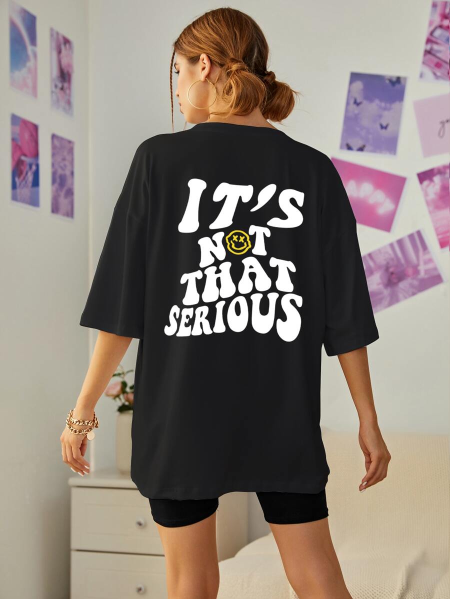 INAWLY Slogan Graphic Drop Shoulder Tee - Black - View 1
