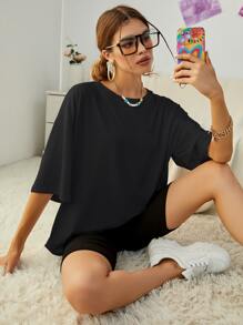 INAWLY Slogan Graphic Drop Shoulder Tee - Black - View 2