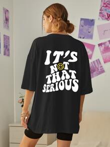 INAWLY Slogan Graphic Drop Shoulder Tee - Black - View 4