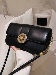 Rhinestone Decor Chain Flap Bag - Black - View 1