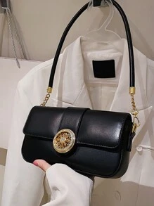 Rhinestone Decor Chain Flap Bag - Black - View 2