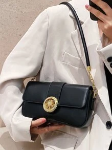 Rhinestone Decor Chain Flap Bag - Black - View 5