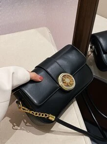 Rhinestone Decor Chain Flap Bag - Black - View 6